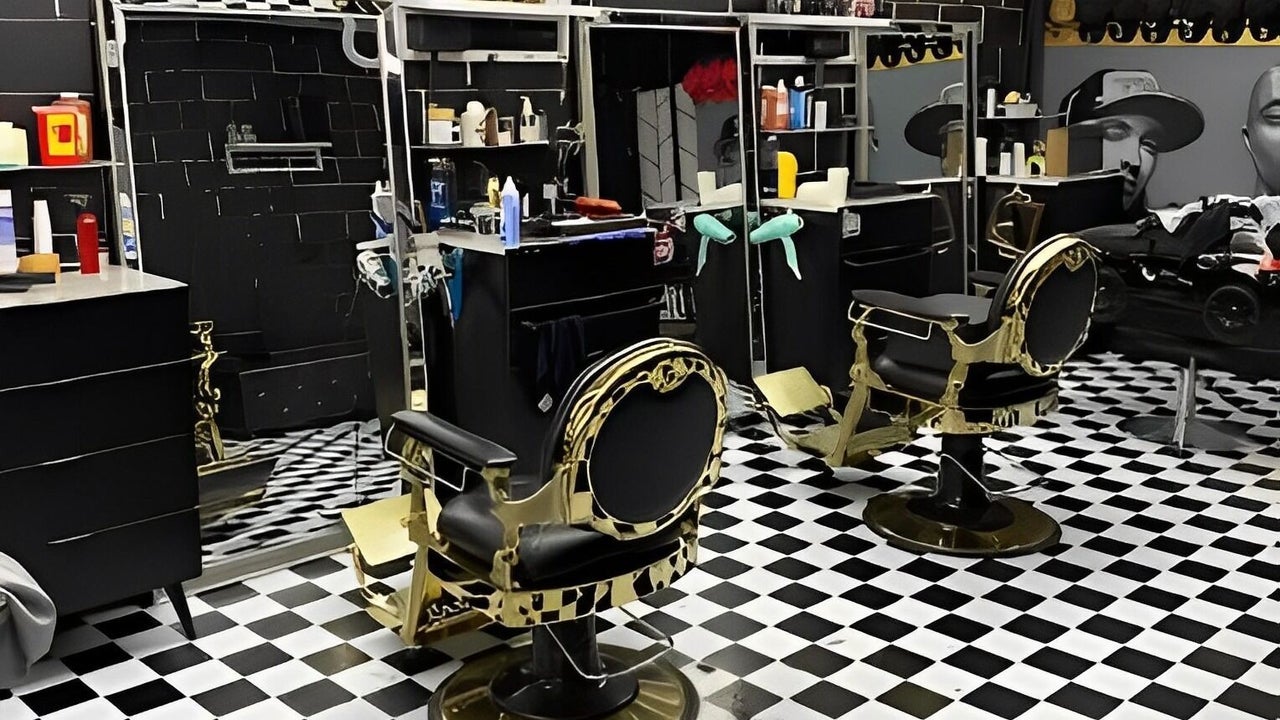 Timeless Barber Co — epic gold barber chairs and checkered floor